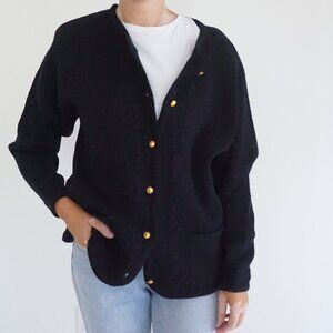 Vintage Crystal Kobe Black Button Front Cardigan Gold Crest Buttons Old Money L